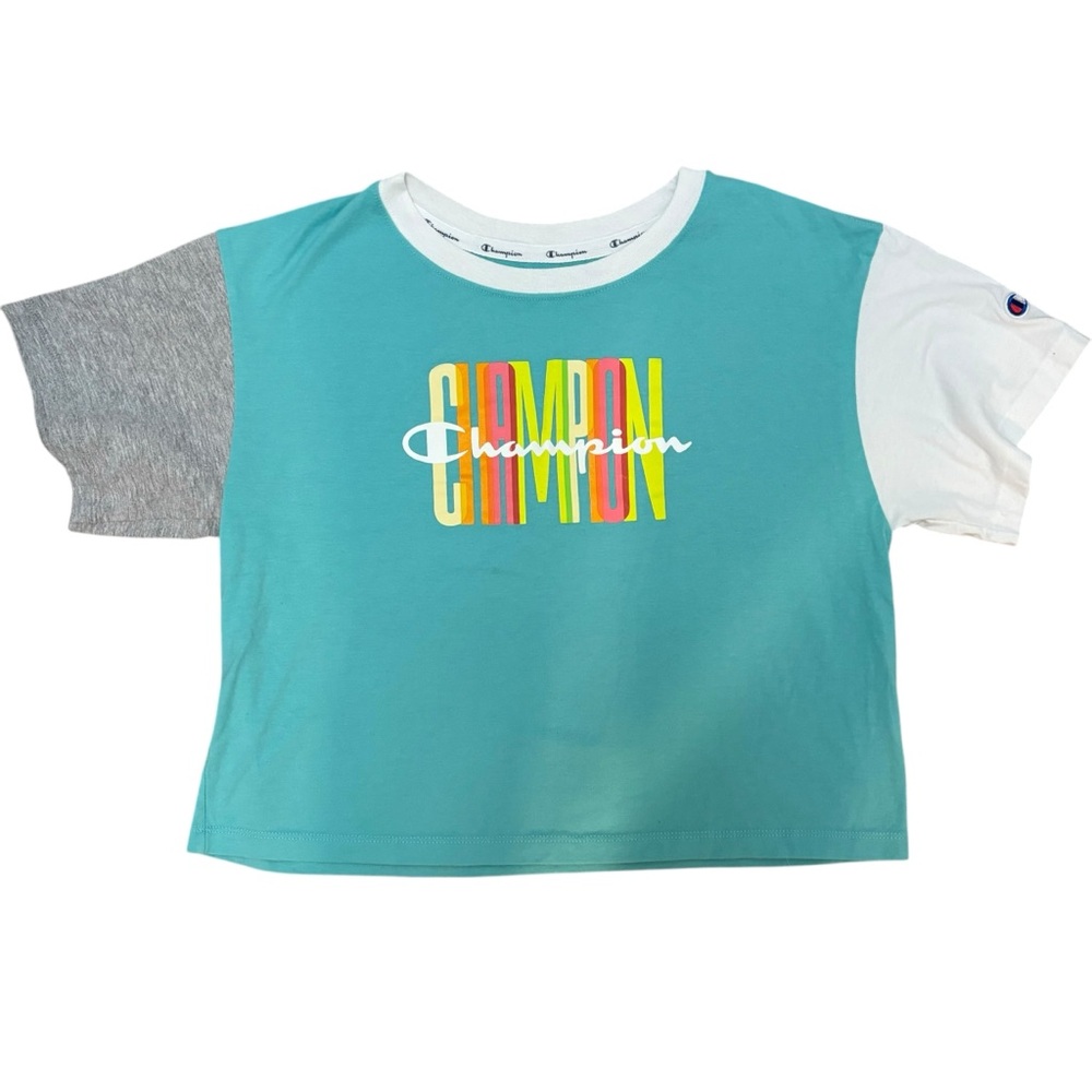 Champion Crop T-Shirt colorful logo teal gray white short sleeve size small